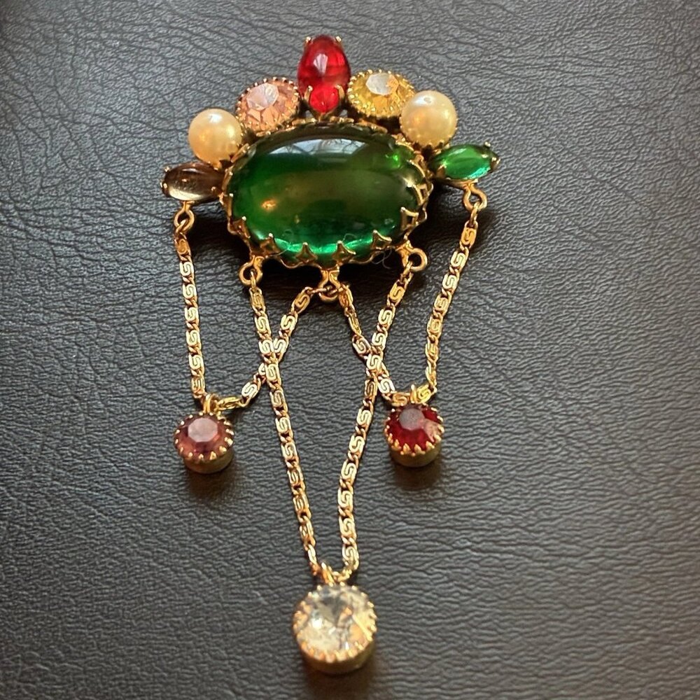 Vintage Signed WEISS Heraldic Dangle Cabachon Brooch Pin-Gripoix Glass-Rare